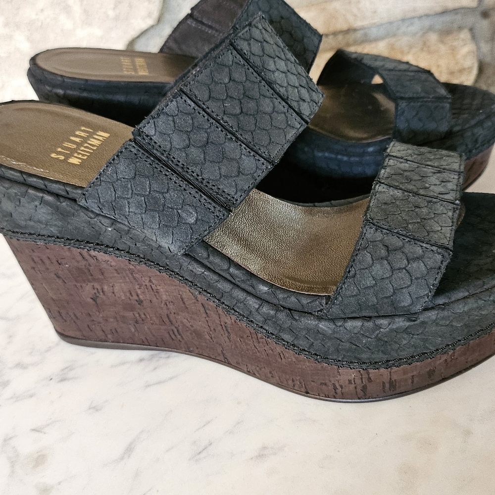 Stuart Weitzman Black Reptile Pattern Upper Cork … - image 7